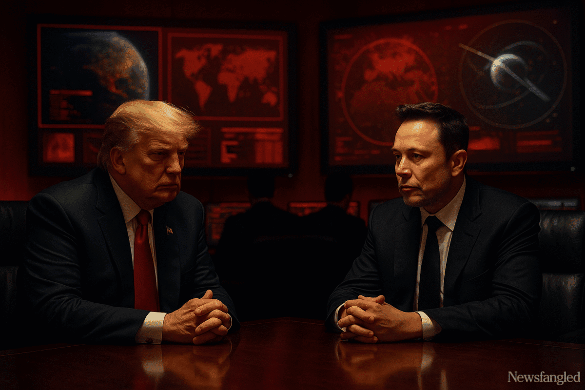 Trump Musk 2025 alliance in high-tech strategy meeting room with glowing satellite screens.