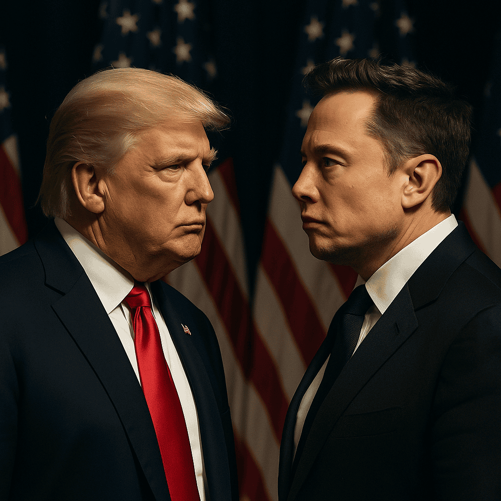 Donald Trump and Elon Musk face each other against a backdrop of American flags, symbolising political tension and public confrontation.