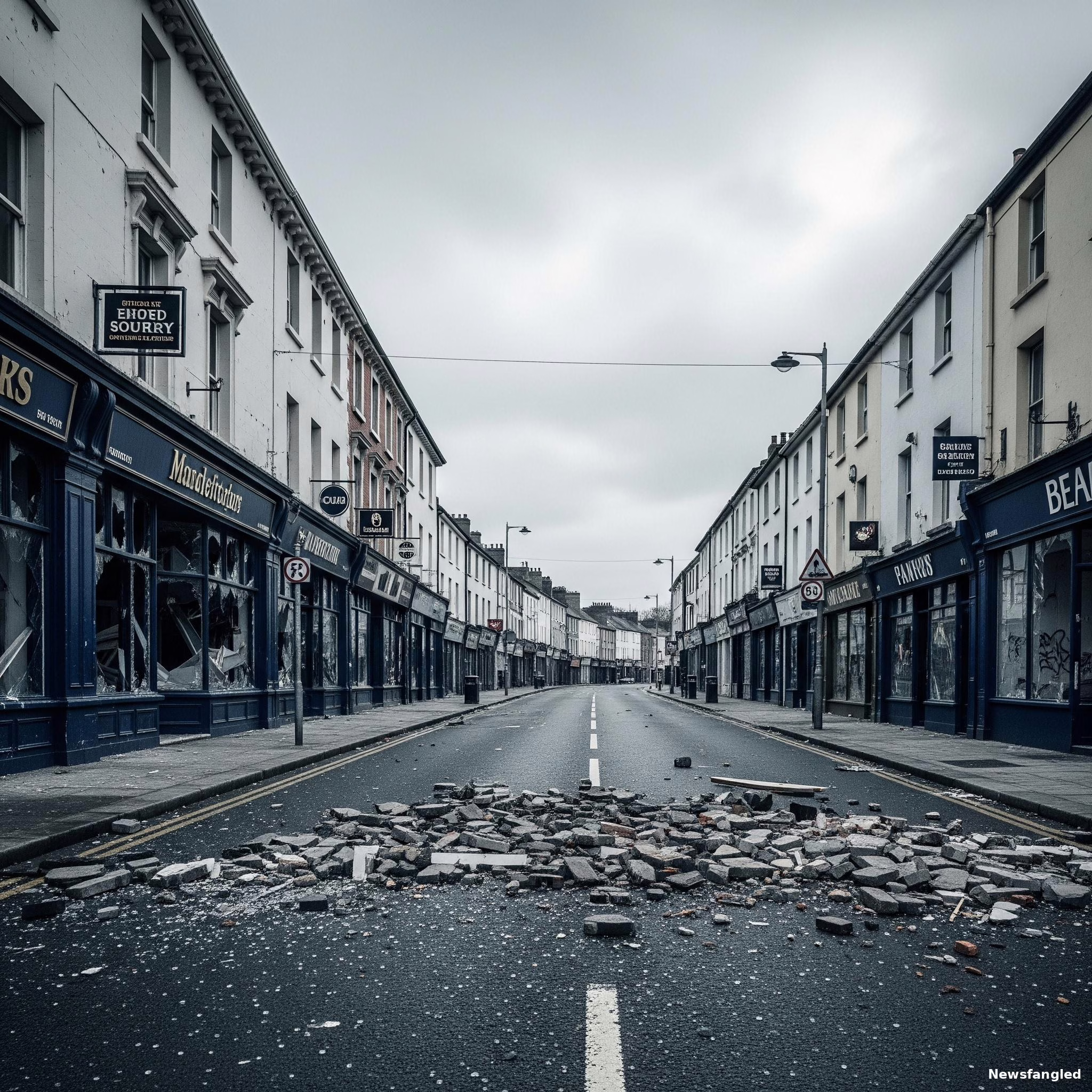 Aftermath of the Ireland migrant crime protests showing a damaged street in a Northern Irish town