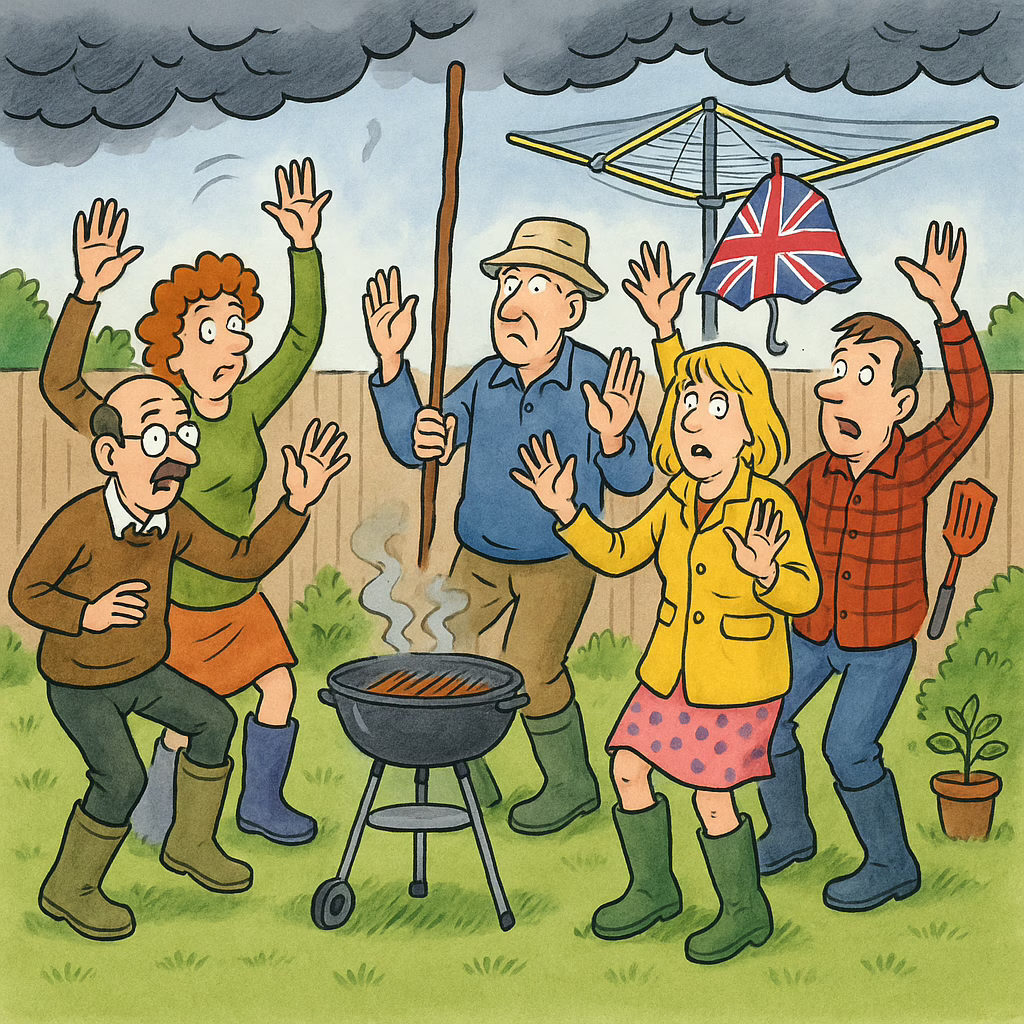 A cartoon showing a rain dance UK attempt in a British backyard